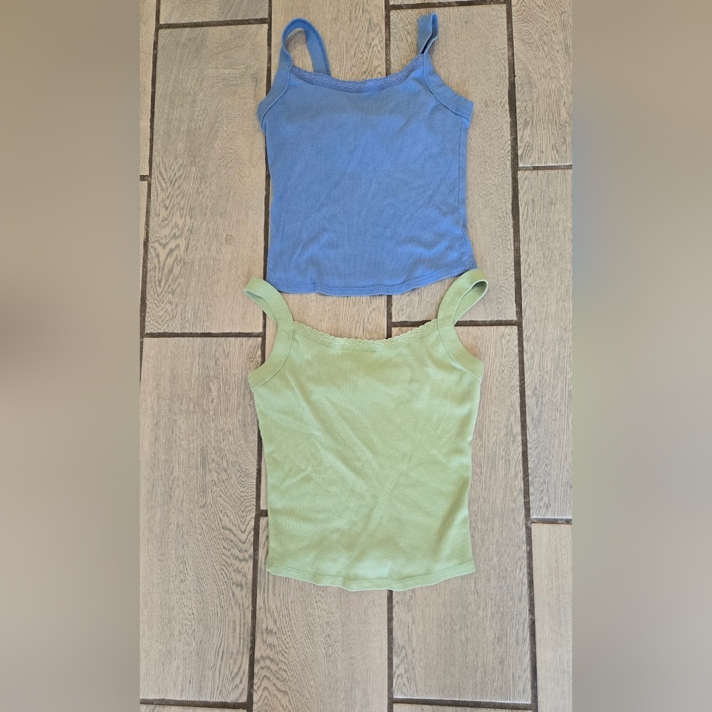Full Tilt Essentials Ribbed Lace Trim Cami Tank Top Bundle Blue Green Medium 2pk